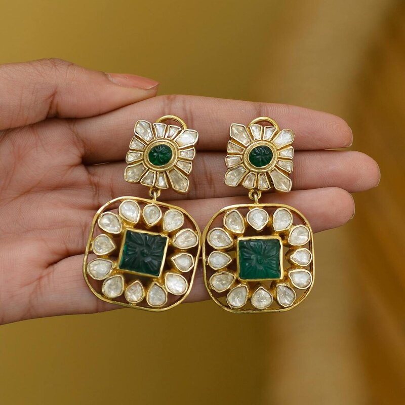 Gold Plated Bold Stunning Green Earrings Dangle For Women