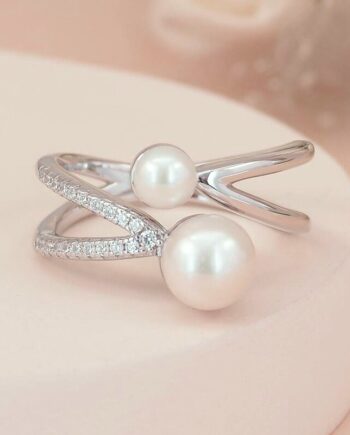 Sterling Silver Diamond Cut Zirconia Real Pearl Ring Gift for Women